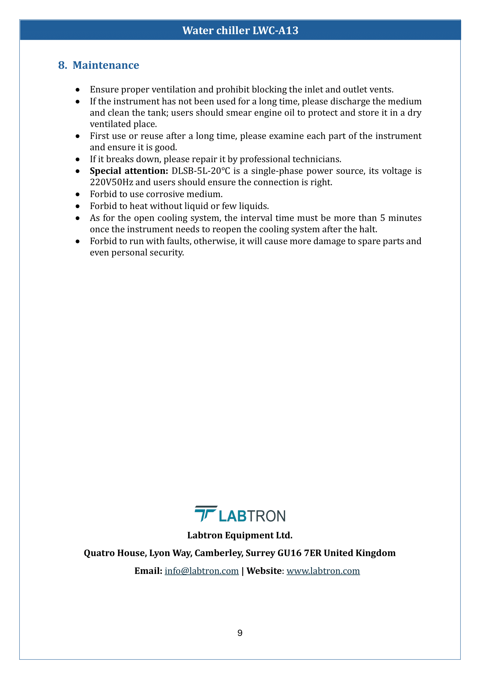 Water chillers LWC-A13 Manual