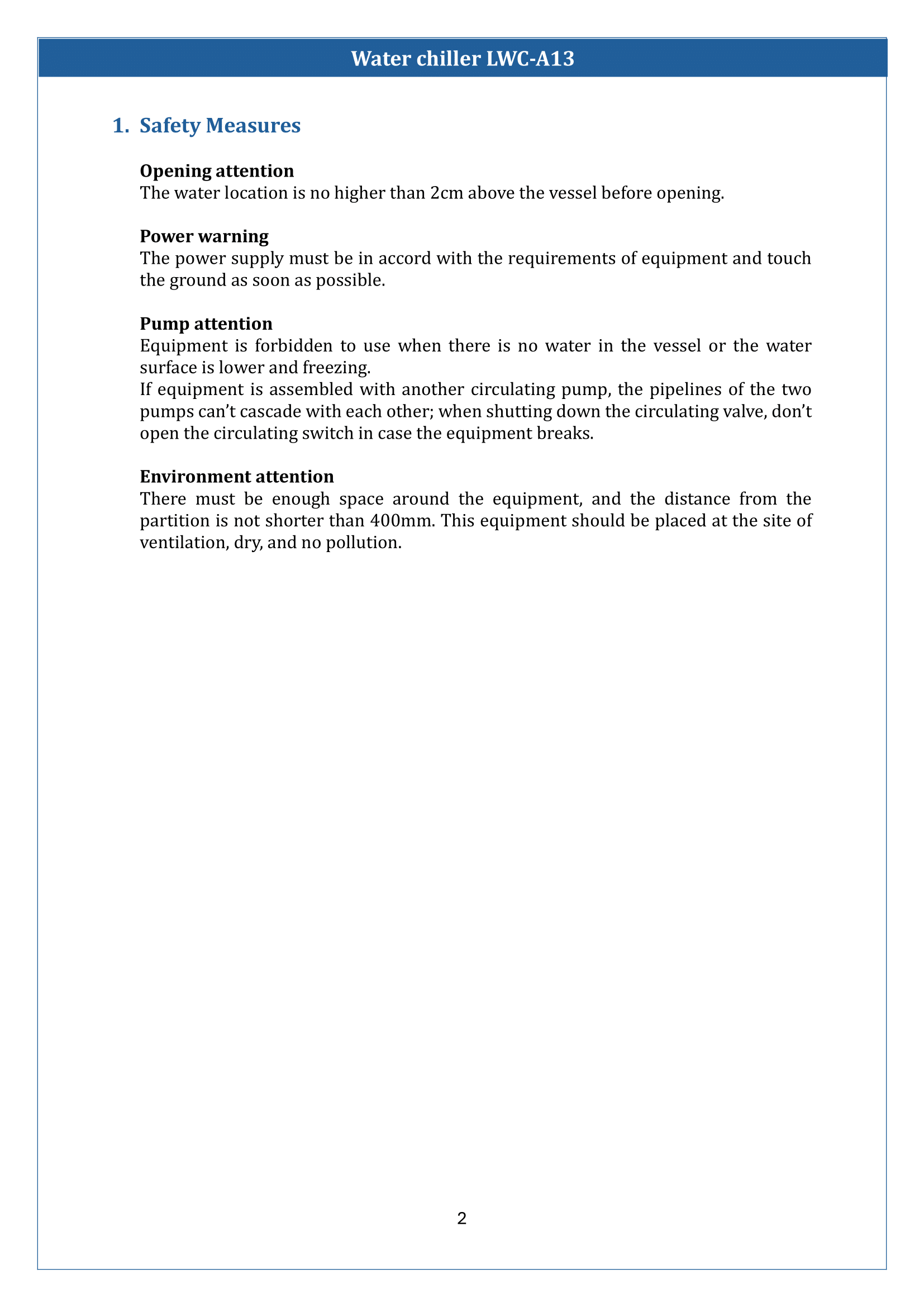 Water chillers LWC-A13 Manual