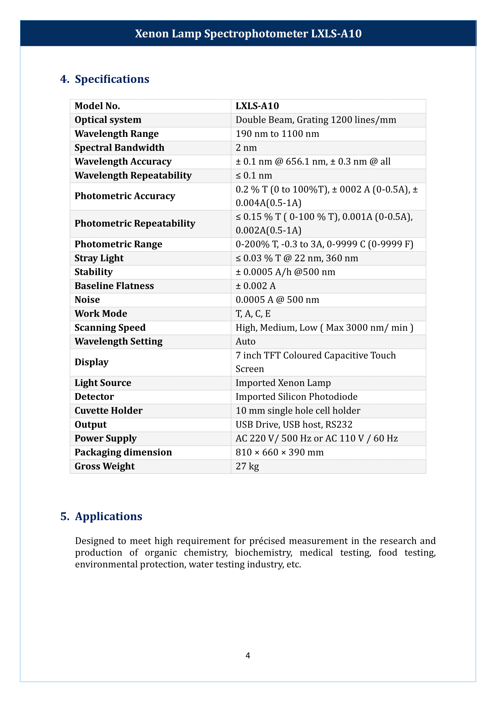 Xenon Lamp Spectrophotometer LXLS-A10 Manual