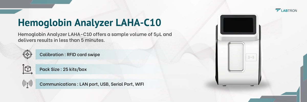 Hemoglobin Analyzer LAHA-C10 | Calibration : RFID card swipe | Pack Size : 25 kits/box