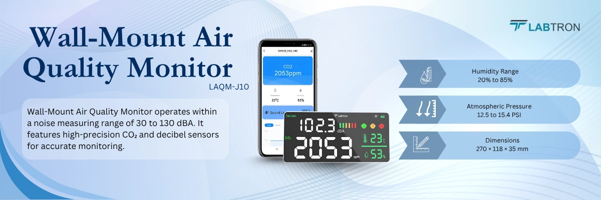 Wall-Mount Air Quality Monitor LAQM-J10 Atmospheric Pressure 12.5 to 15.4 PSI Humidity Range 20% to 85%