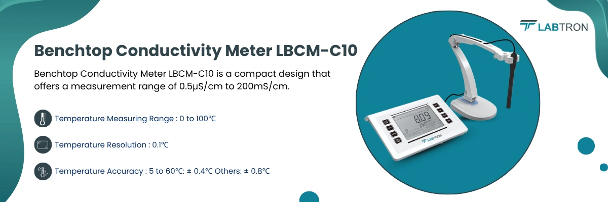 Benchtop Conductivity Meter LBCM-C10 | Temperature Measuring Range 0 to 100℃ | Temperature Resolution 0.1℃ | Temperature Accuracy 5 to 60℃: ± 0.4℃ Others: ± 0.8℃