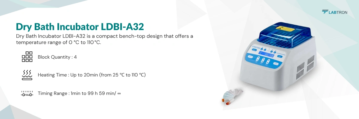 Dry Bath Incubator LDBI-A32 | Block Quantity 4 | Heating Time Up to 20min (from 25 ℃ to 110 ℃) | Timing Range 1min to 99 h 59 min/ ∞
