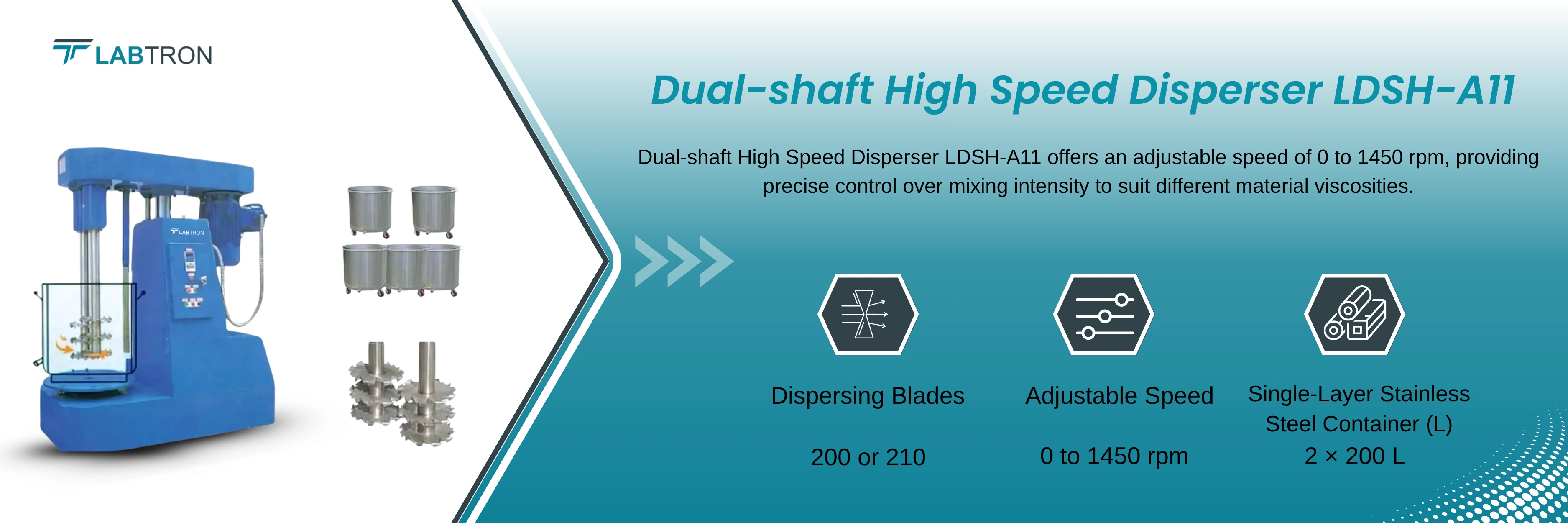 Dual-shaft High Speed Disperser LDSH-A11 | Dispersing Blade: 200 or 210 | Adjustable Speed : 0 to 1450 rpm
