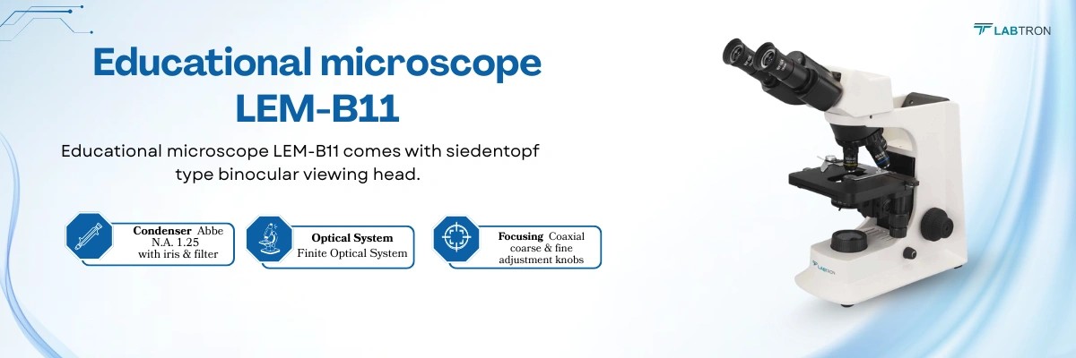 Educational Microscope LEM-B11 | Condenser: Abbe N.A. 1.25 condenser with Iris diaphragm | Type of Objective: Finite plan objective 4x, 10x, 40x(s), 100x(s,oil) Educational Microscope LEM-B11 | Condenser: Abbe N.A. 1.25 condenser with Iris diaphragm | Type of Objective: Finite plan objective 4x, 10x, 40x(s), 100x(s,oil)