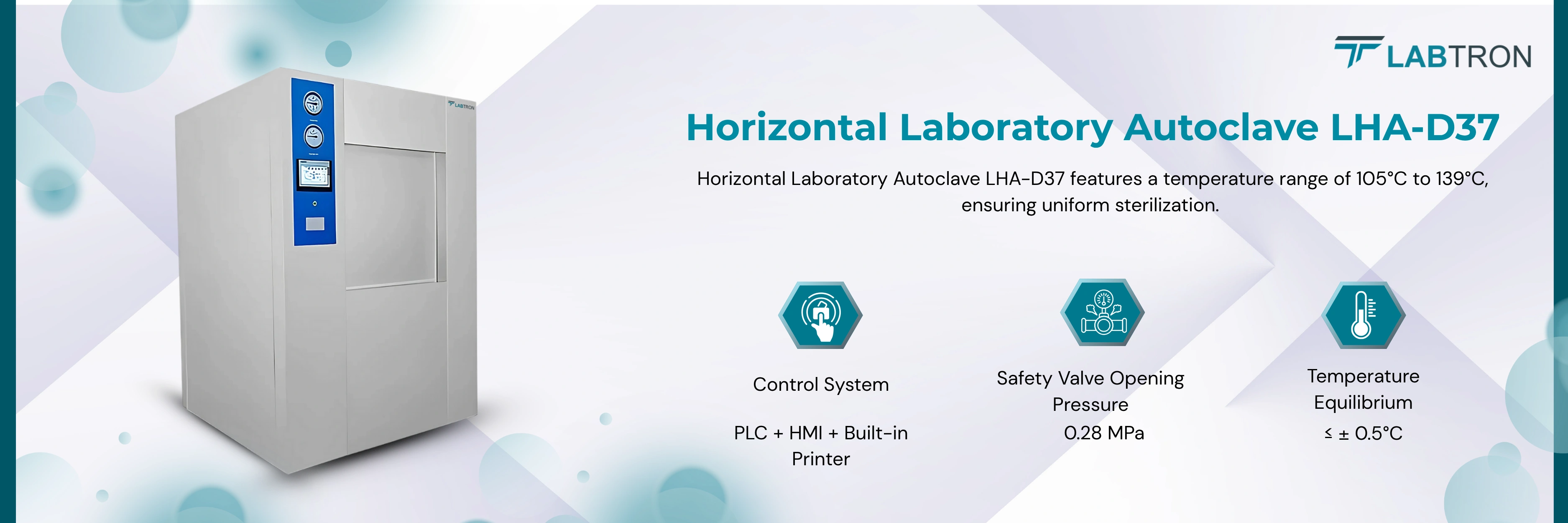 Horizontal Laboratory Autoclave LHA-D37 | Control System: PLC + HMI + Built-in Printer | Safety Valve Opening Pressure: 0.28 MPa