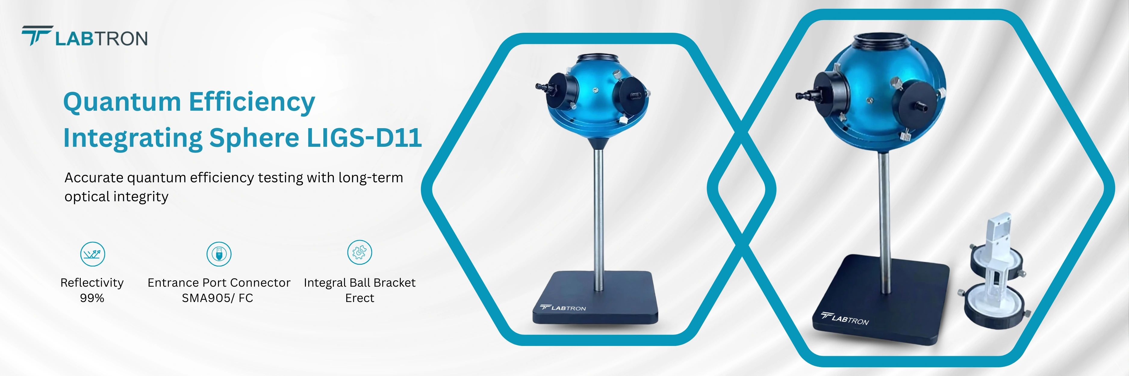 Quantum Efficiency Integrating Sphere LIGS-D11 | Reflectivity 99% | Entrance Port Connector SMA905/ FC (customizable) |  Integral Ball Bracket Erect