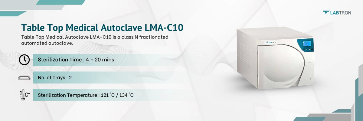 Table Top Medical Autoclave LMA-C10 | Sterilization Time: 4 - 20 mins | No. of Trays: 2