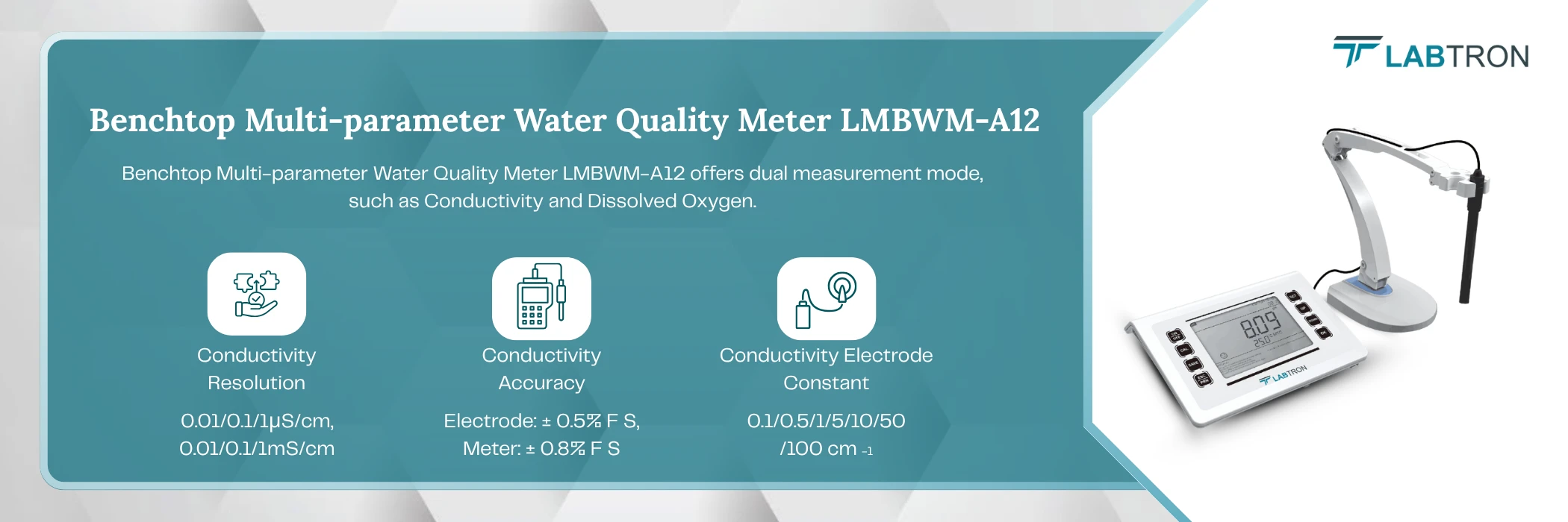 Benchtop Multi-parameter Water Quality Meter LMBWM-A12 | Conductivity Resolution 0.01/0.1/1μS/cm, 0.01/0.1/1mS/cm | Conductivity Accuracy	Electrode: ± 0.5% F S, Meter: ± 0.8% F S