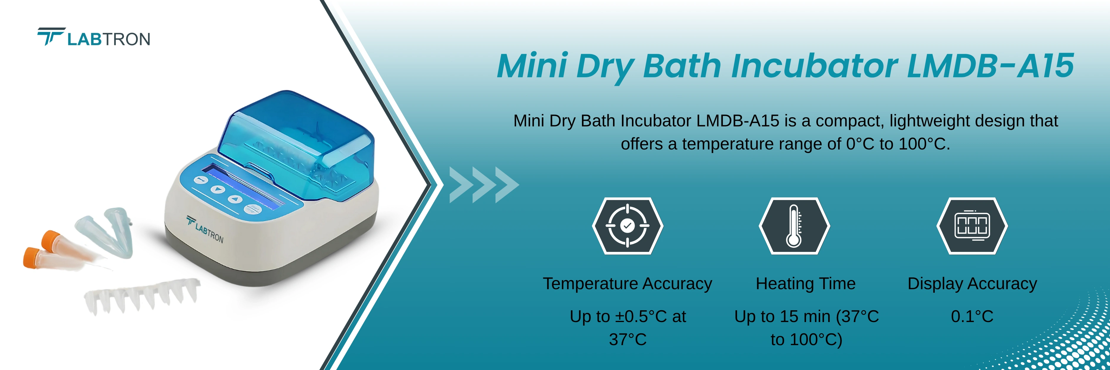 Mini Dry Bath Incubator LMDB-A15 | Temperature Accuracy Up to ±0.5°C at 37°C | Heating Time Up to 15 min (37°C to 100°C) | Display Accuracy 0.1°C