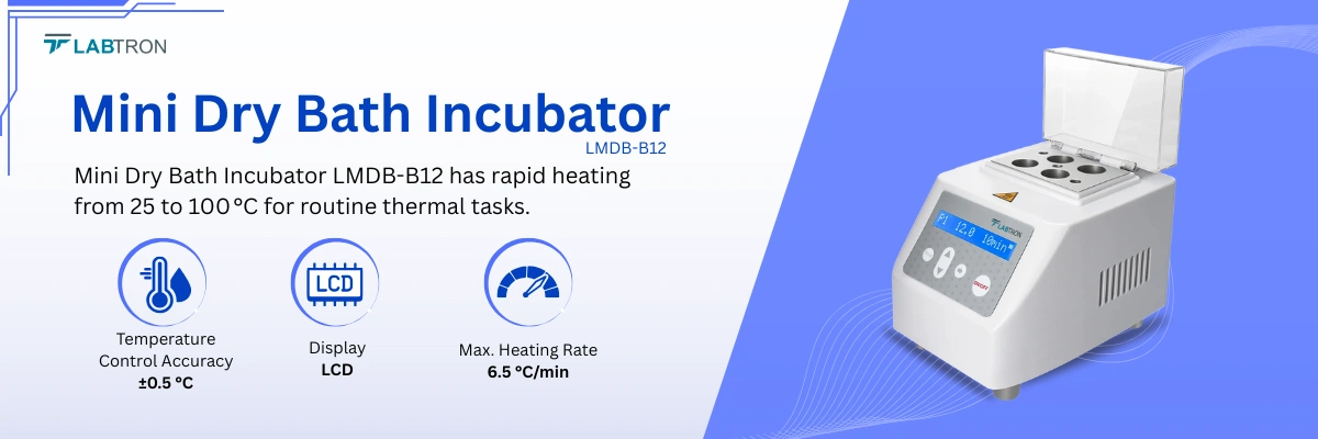 Mini Dry Bath Incubator LMDB-B12 | Temperature Control Accuracy ±0.5 °C | Time setting range 0.999 min to 9999 sec
