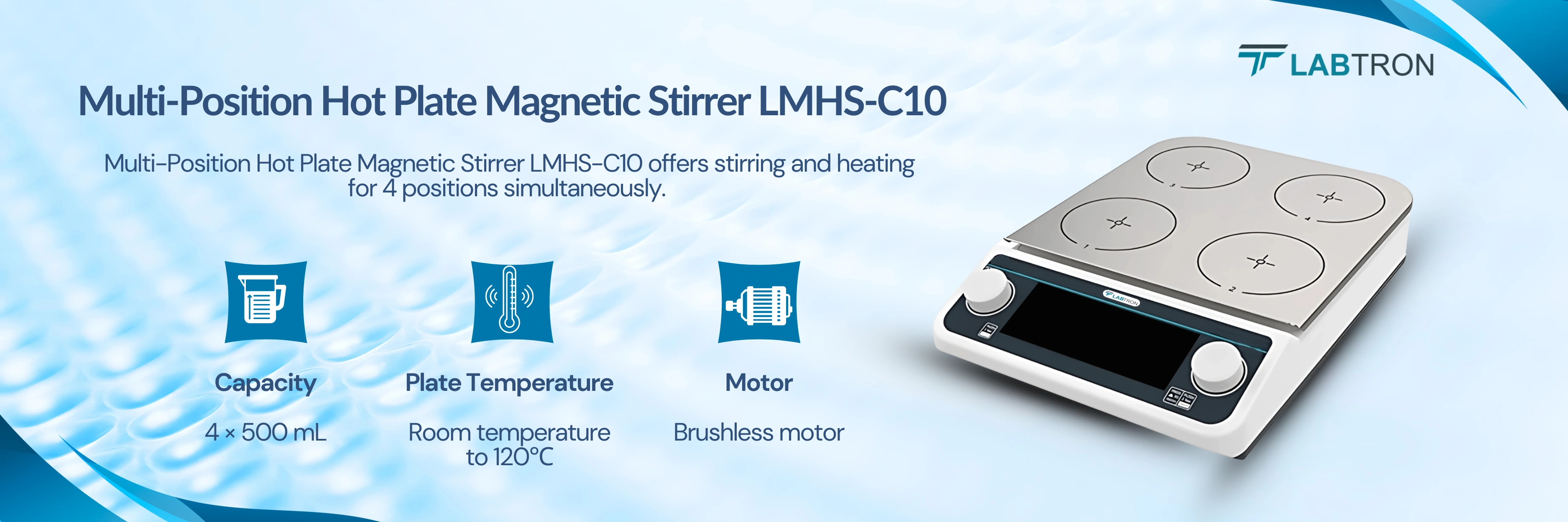 Multi-Position Hot Plate Magnetic Stirrer LMHS-C10 | Capacity: 4 × 500 mL | Plate Size: 110 mm