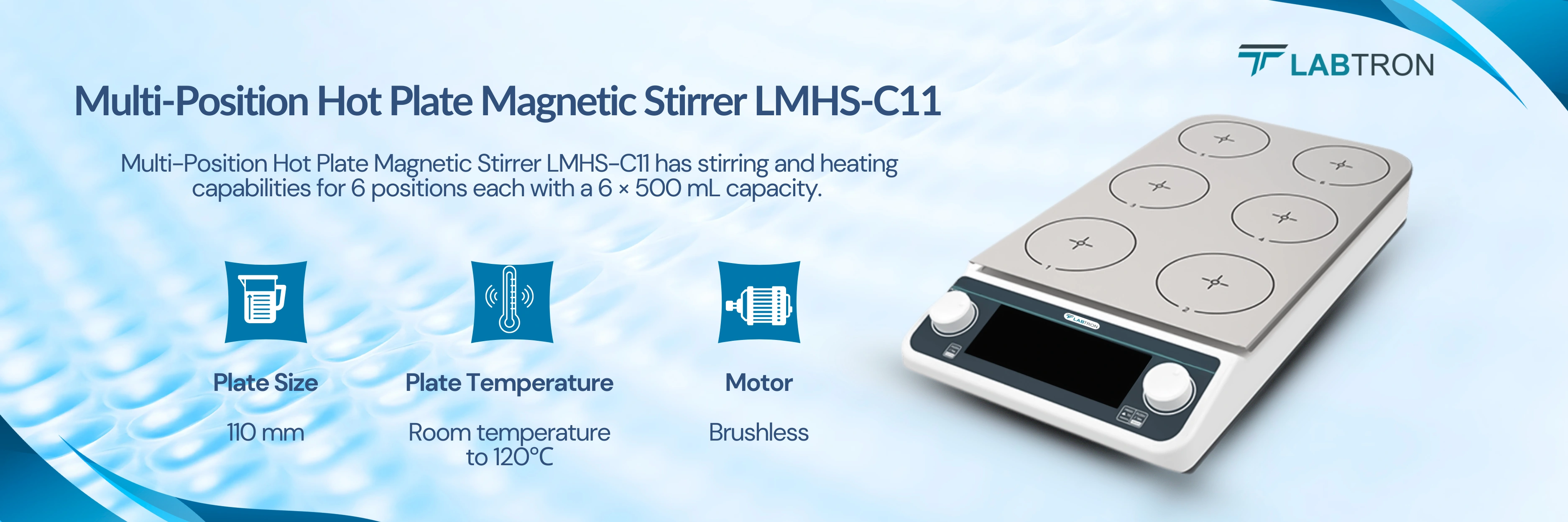 Multi-Position Hot Plate Magnetic Stirrer LMHS-C11 | Number of Stirring Positions: 6 | Plate Size: 110 mm