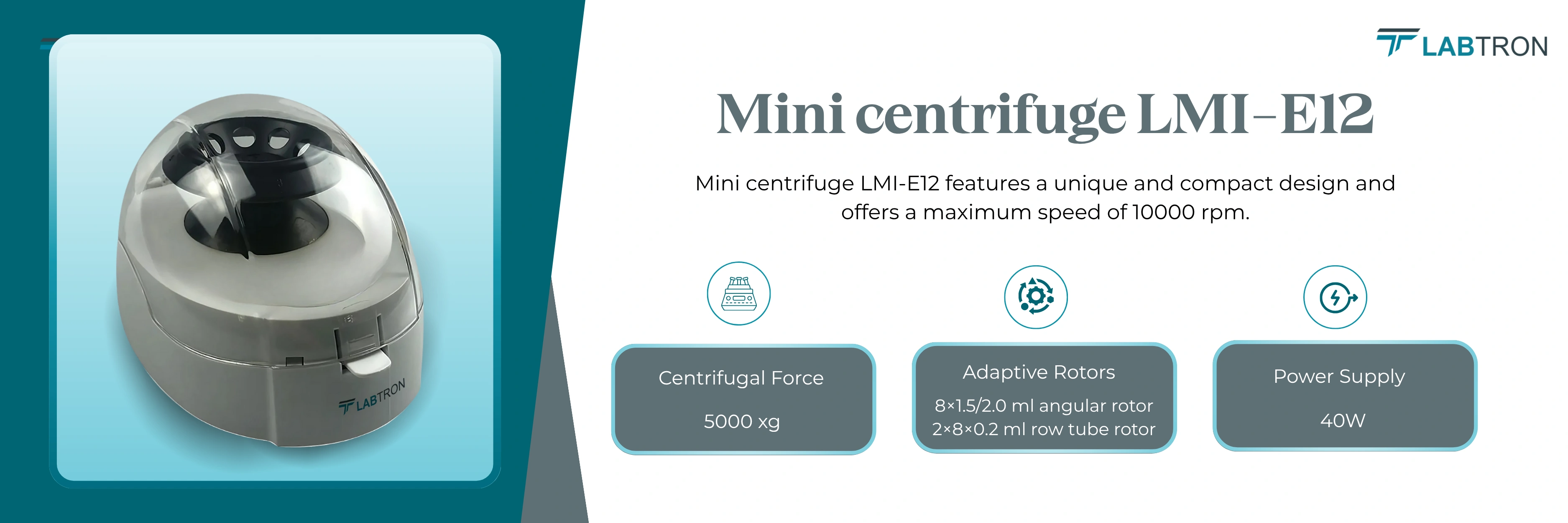 Mini Centrifuge LMI-E12 | Adaptive Rotors | 8×1.5/2.0 ml angular rotor 2×8×0.2 ml row tube rotor | Centrifugal Force 5000 xg | Power Supply 40W
