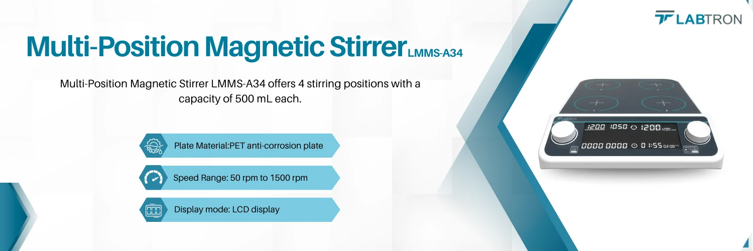 Multi-Position Magnetic Stirrer LMMS-A34 | Mixing Capacity 4 × 500 mL | Plate Size 110 mm