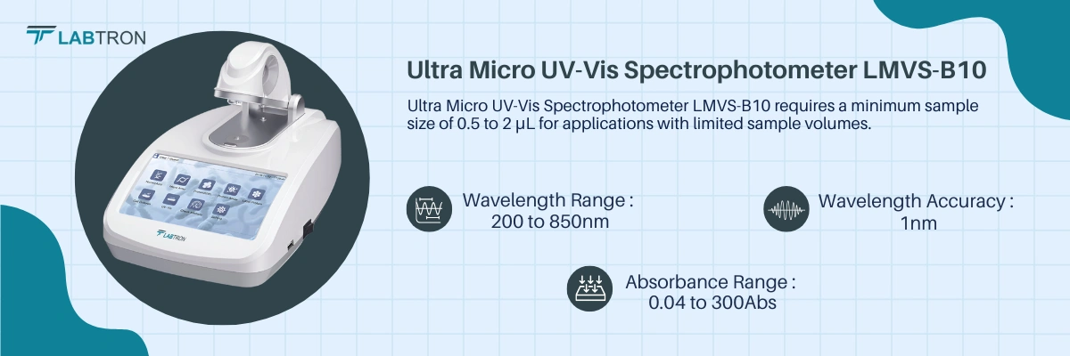 UV-Vis Spectrophotometer LMVS-B10 | Minimum Sample Size-0.5 to 2µL | Wavelength Range-200 to 850nm