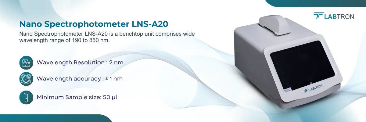 Nano Spectrophotometer LNS-A20 | Wavelength Resolution : 2 nm | Wavelength accuracy : ± 1 nm