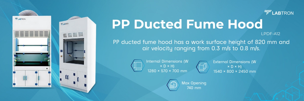 PP ducted fume hood LPDF-A12 | Internal Dimensions (W × D × H) 1280 × 570 × 700 mm | Max Opening 740 mm	