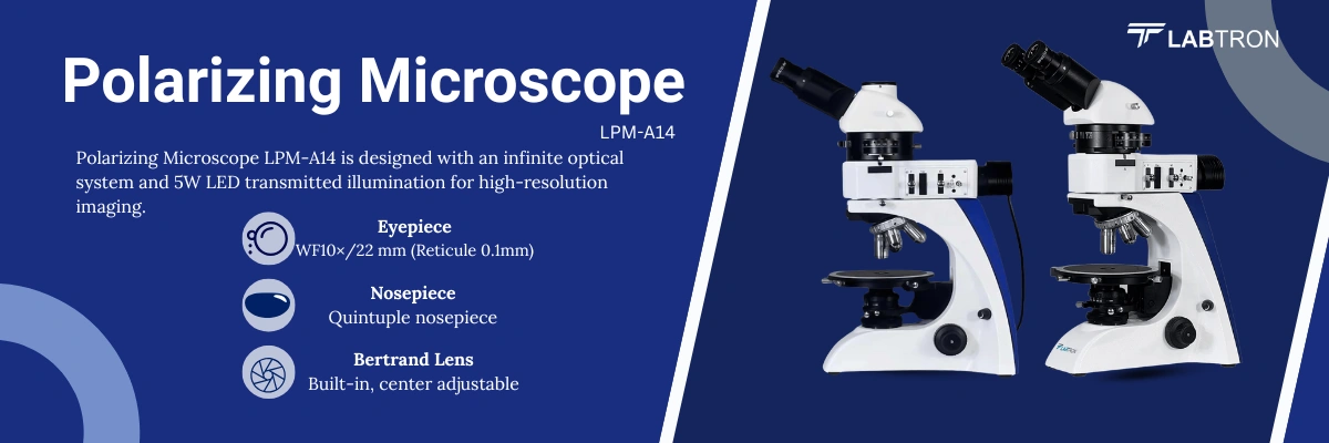 Polarizing Microscope LPM-A14 | Eyepiece: WF10×/22 mm (Reticule 0.1mm) | Swing-out Condenser: N.A. 0.9 to 0.13 swing-out condenser