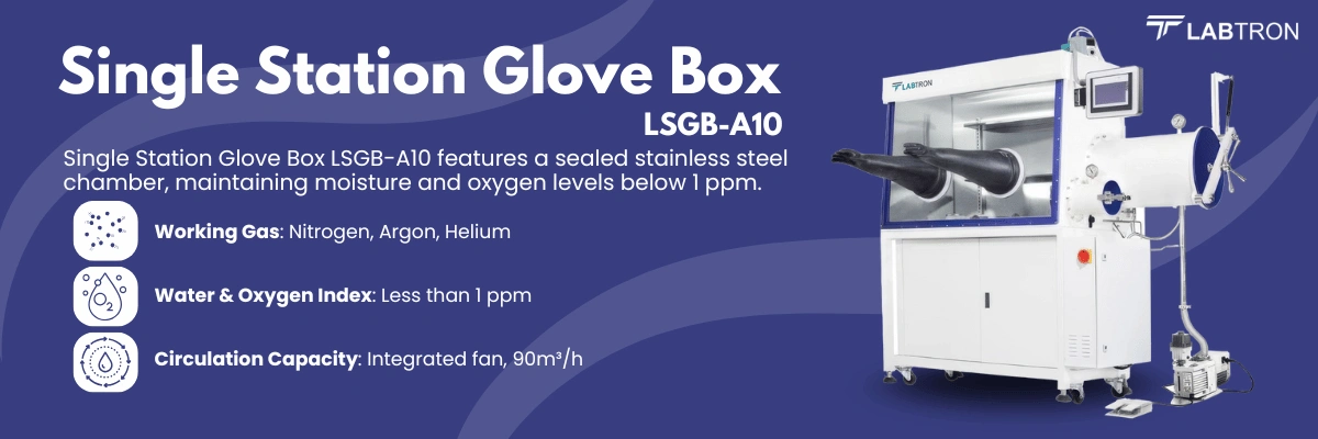 Single Station Glove Box LSGB-A10 | Working Gas	Nitrogen, Argon, Helium | Water & Oxygen Index	Less than 1 ppm