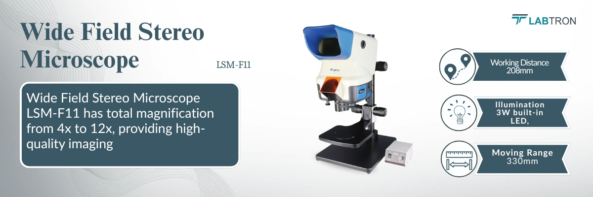 Wide Field Stereo Microscope LSM-E11 | Total Magnification: 4x to 12x | Stand Column height: 580mm