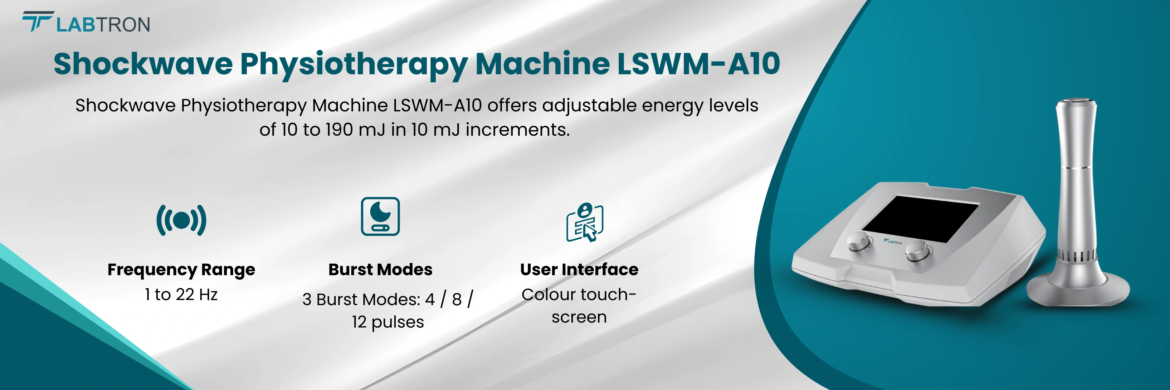 Shockwave Physiotherapy Machine LSWM-A10 | Frequency Range: 1 to 22 Hz | Burst Modes: 3 Burst Modes: 4 / 8 / 12 pulses