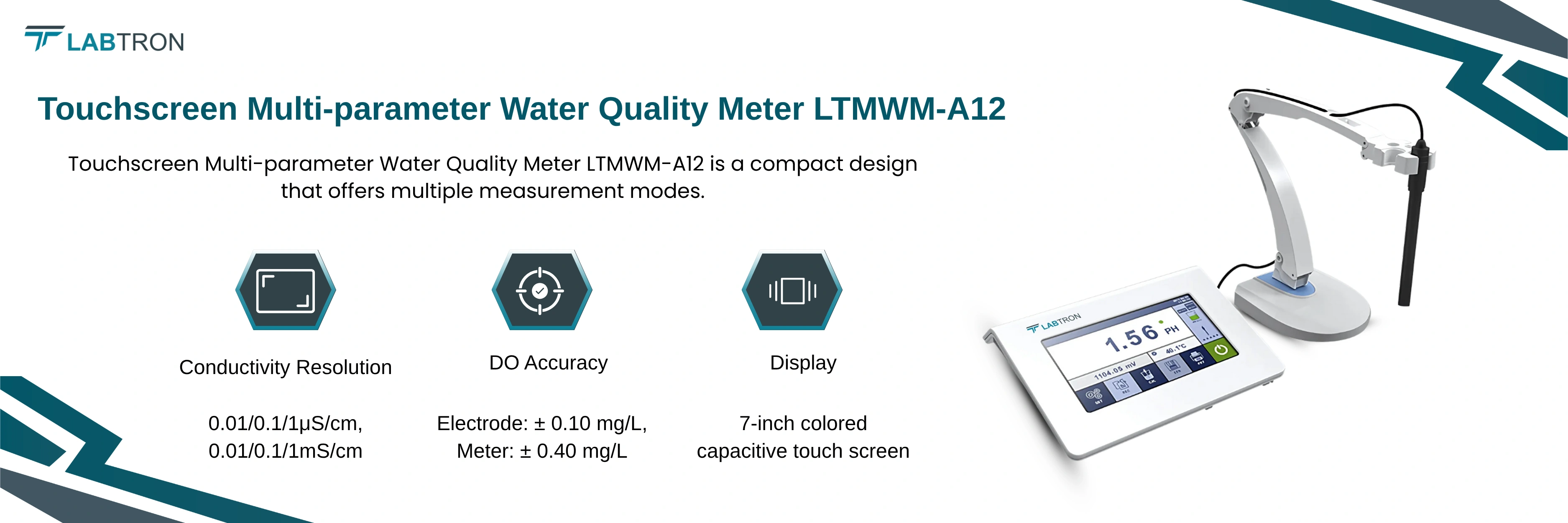 Touchscreen Multi-parameter Water Quality Meter LTMWM-A12| Conductivity Resolution 0.01/0.1/1μS/cm, 0.01/0.1/1mS/cm |  DO Accuracy Electrode: ± 0.10 mg/L, Meter: ± 0.40 mg/L |  Display 7-inch colored capacitive touch screen