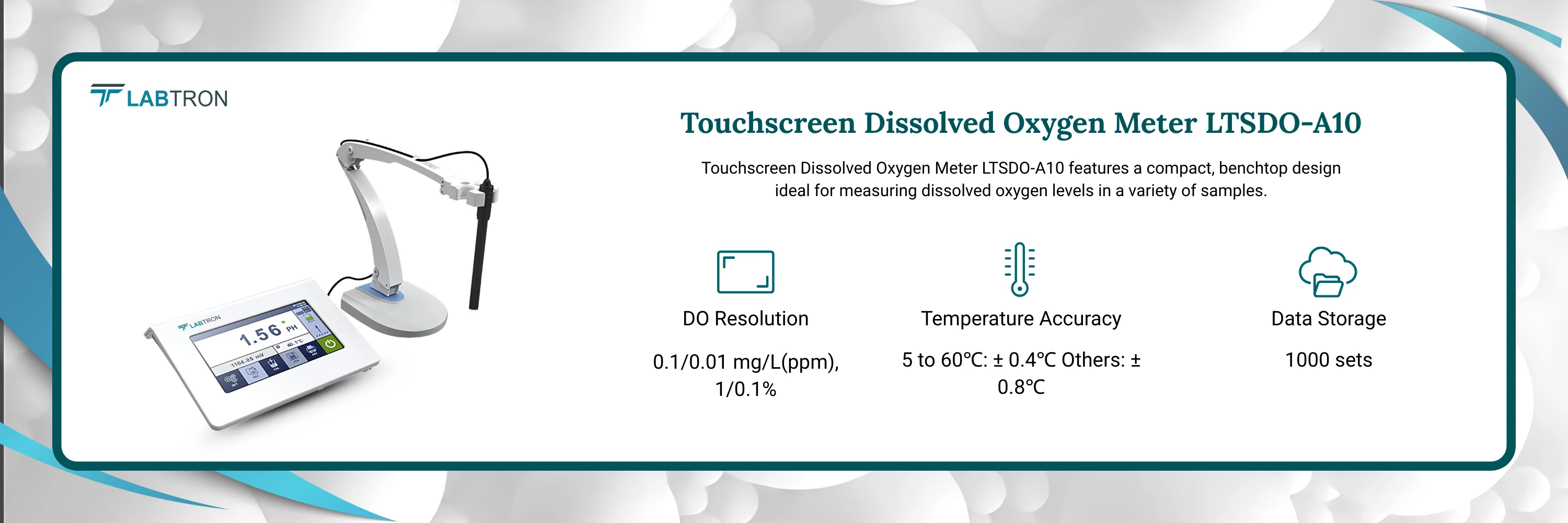 Touchscreen Dissolved Oxygen Meter LTSDO-A10 | DO Resolution 0.1/0.01 mg/L(ppm), 1/0.1% | Temperature Accuracy 5 to 60℃: ± 0.4℃ Others: ± 0.8℃ | Data Storage 1000 sets
