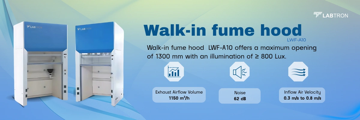 Walk-in fume hood LWF-A10  | Inflow Air Velocity 0.3 m/s to 0.8 m/s | LED Lamp 12 W × 2