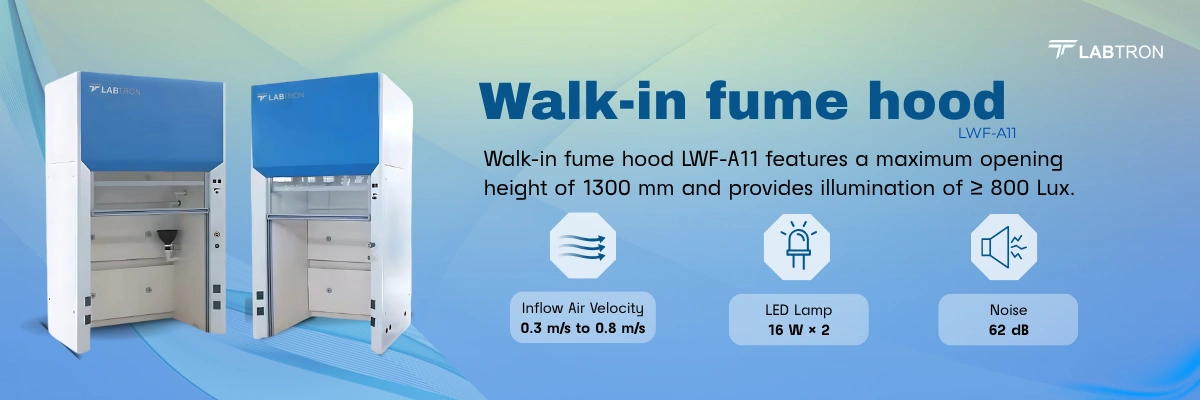 Walk-in fume hood LWF-A11 | Inflow Air Velocity 0.3 m/s to 0.8 m/s | Maximum opening 1300 mm