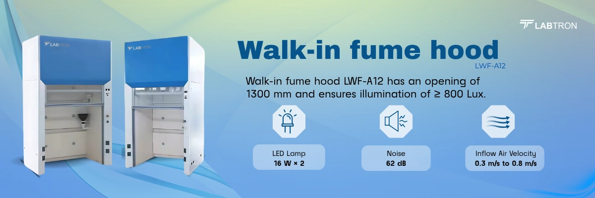 Walk-in fume hood LWF-A12 | Noise 62 dB | Inflow Air Velocity 0.3 m/s to 0.8 m/s